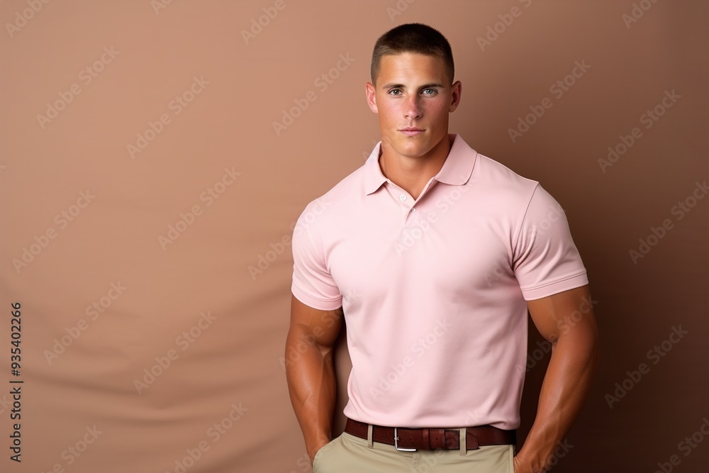 Fototapeta premium A man in a pink shirt stands in front of a tan wall