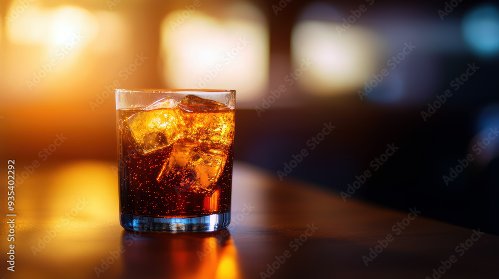 A glass of refreshing cola with ice cubes glistens in warm lighting. A glass of refreshing cola with ice cubes glistens in warm lighting.