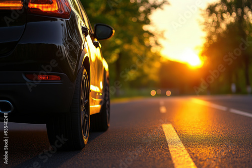 Car on road during sunset, creating serene and peaceful atmosphere.
