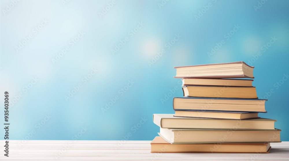 Stack of book on wooden table with text space, blue pastel background Stack of book on wooden table with text space, blue pastel background