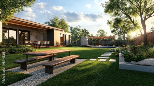 A tranquil backyard scene featuring a modern house, a well-kept green lawn, and a wooden table. The combination creates an ideal setting for relaxation or outdoor dining.