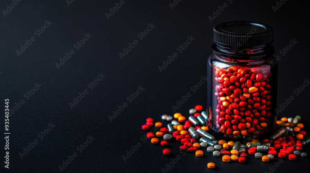 A jar filled with colorful pills and capsules on dark background, evoking sense of mystery. A jar filled with colorful pills and capsules on dark background, evoking sense of mystery.