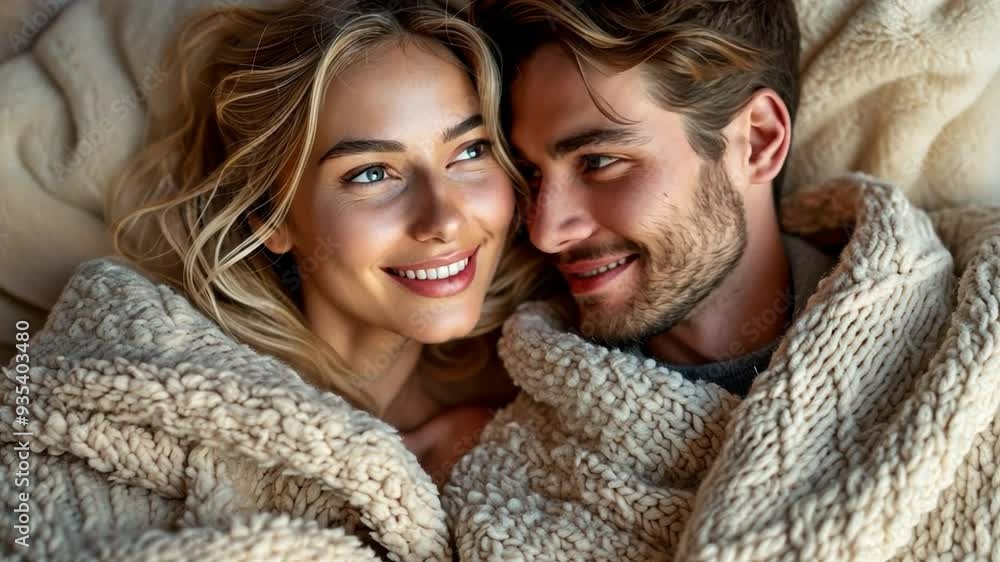 Top view of a young couple curled up under a blanket in a bedroom Top view of a young couple curled up under a blanket in a bedroom