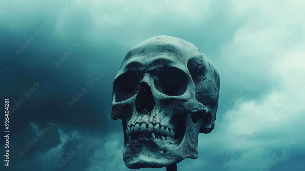 Human Skull Against Cloudy Sky. Human Skull Against Cloudy Sky.