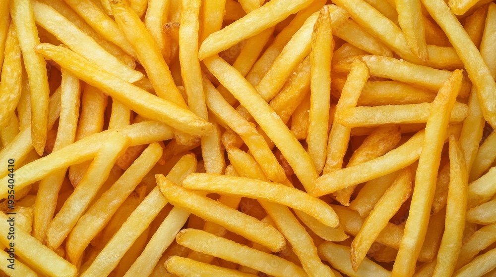 Fast food photography background texture - Closeup of many fried french fries chips, top view Fast food photography background texture - Closeup of many fried french fries chips, top view