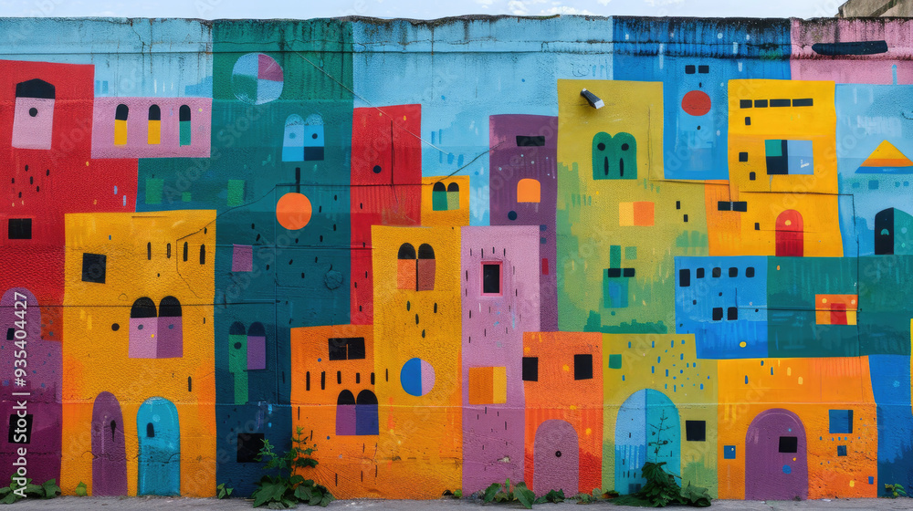Fototapeta premium Colorful Urban Street Art Mural with Geometric Shapes and Vibrant Colors on City Wall