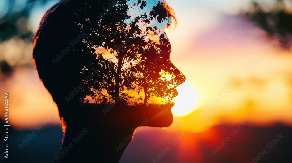 Silhouette of a person with a beautiful sunset and trees reflected, symbolizing harmony between nature and humanity. Silhouette of a person with a beautiful sunset and trees reflected, symbolizing harmony between nature and humanity.