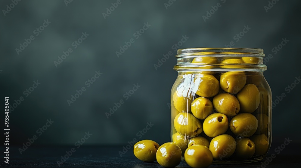 Pickled green olives in a glass jar, resting on a black table. The simplicity of the scene and the rich colors of the olives create an elegant, minimalist visual for gourmet branding. Pickled green olives in a glass jar, resting on a black table. The simplicity of the scene and the rich colors of the olives create an elegant, minimalist visual for gourmet branding.