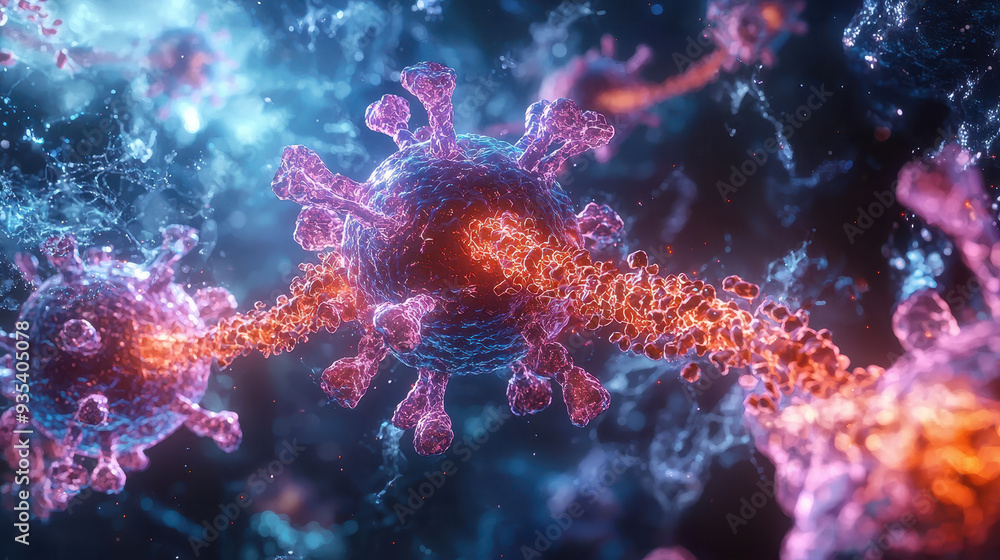 Microscopic view of colorful virus particles interacting in digital environment, showcasing intricate details and vibrant colors. Microscopic view of colorful virus particles interacting in digital environment, showcasing intricate details and vibrant colors.