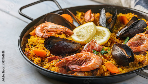 Spanish Paella with Seafood and Lemon Wedges