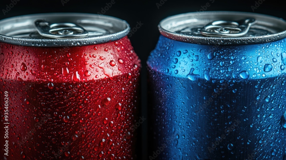 Two soda cans, one red and one blue, with condensation droplets emphasizing their coolness. The image is perfect for showcasing the refreshing appeal of soda in a market competition setting Two soda cans, one red and one blue, with condensation droplets emphasizing their coolness. The image is perfect for showcasing the refreshing appeal of soda in a market competition setting