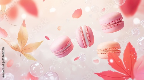 Whimsical anime-style scene with macarons, bubbles, and leaves floating against a light background. The playful colors and soft tones create a magical, lighthearted atmosphere.