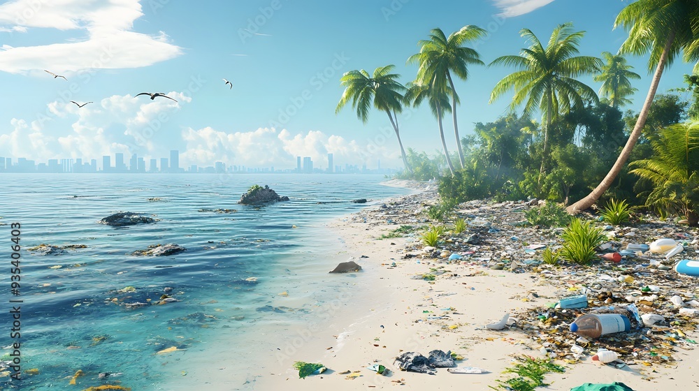 Fototapeta premium 86. Detailed 3D render of a coastal environment with waste accumulation and its impact on marine biodiversity, set against a clean background