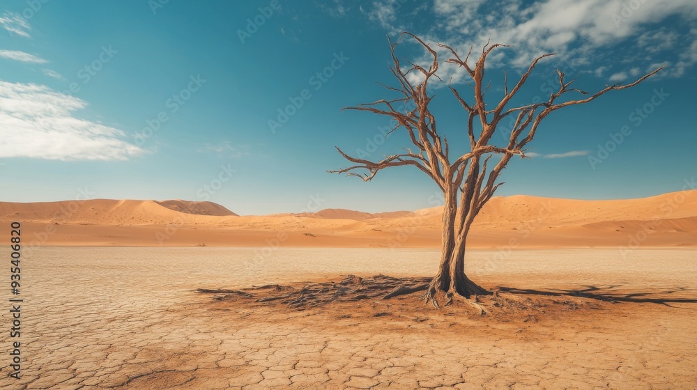 A lonely tree stands in a dry, cracked earth under a vibrant sky. Drought in the desert