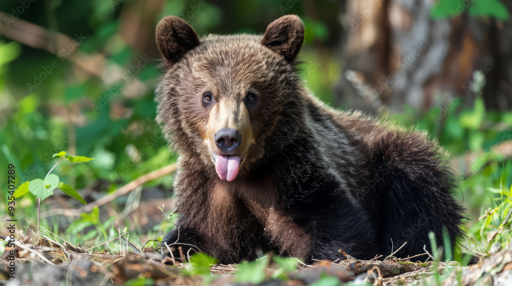 Playful Brown Bear Cub with Tongue Out in Forest. Playful Brown Bear Cub with Tongue Out in Forest.
