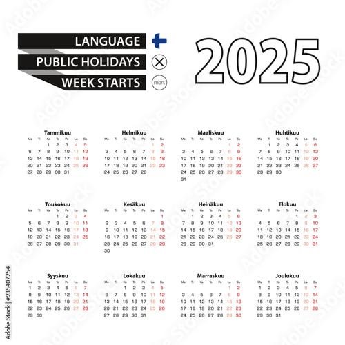 Calendar 2025 in Finnish language, week starts on Monday.