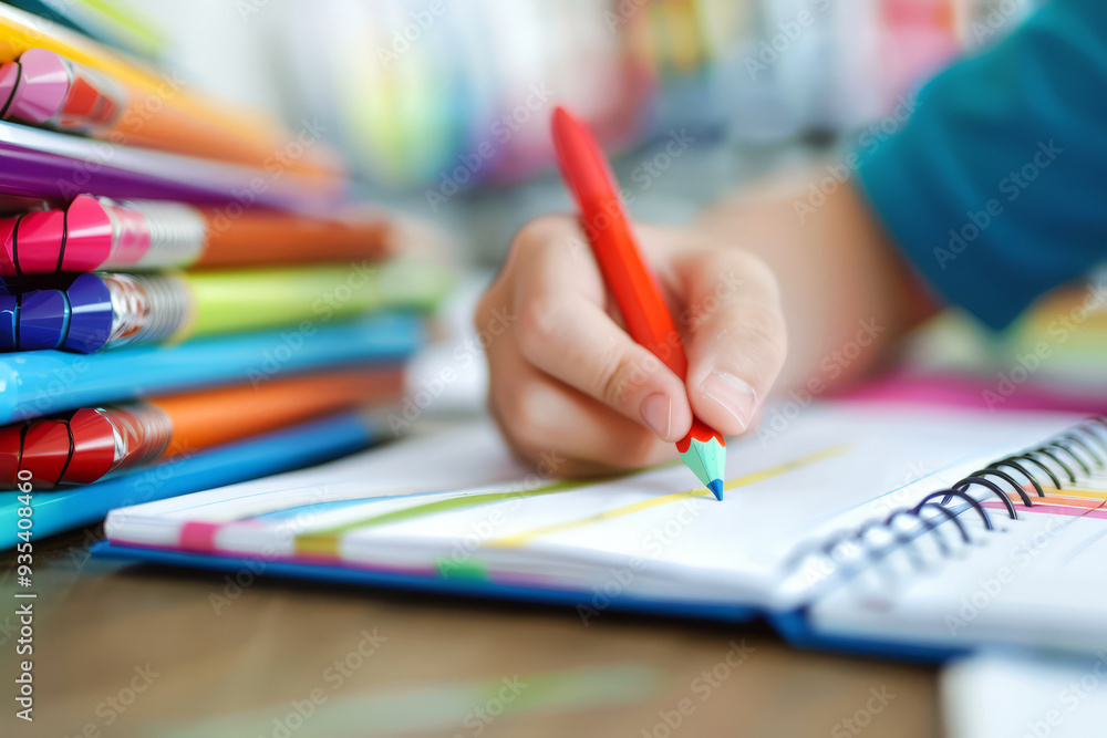 Child's Hand Drawing with Colored Pencil on Notebook. Child's Hand Drawing with Colored Pencil on Notebook.