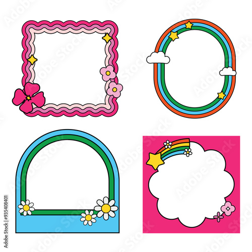 Set of cute groovy floral photo frame