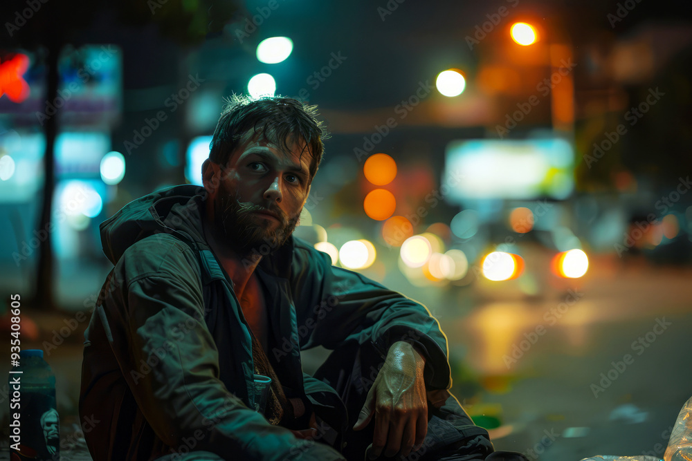Obraz premium Man Sitting in City Lights at Night.