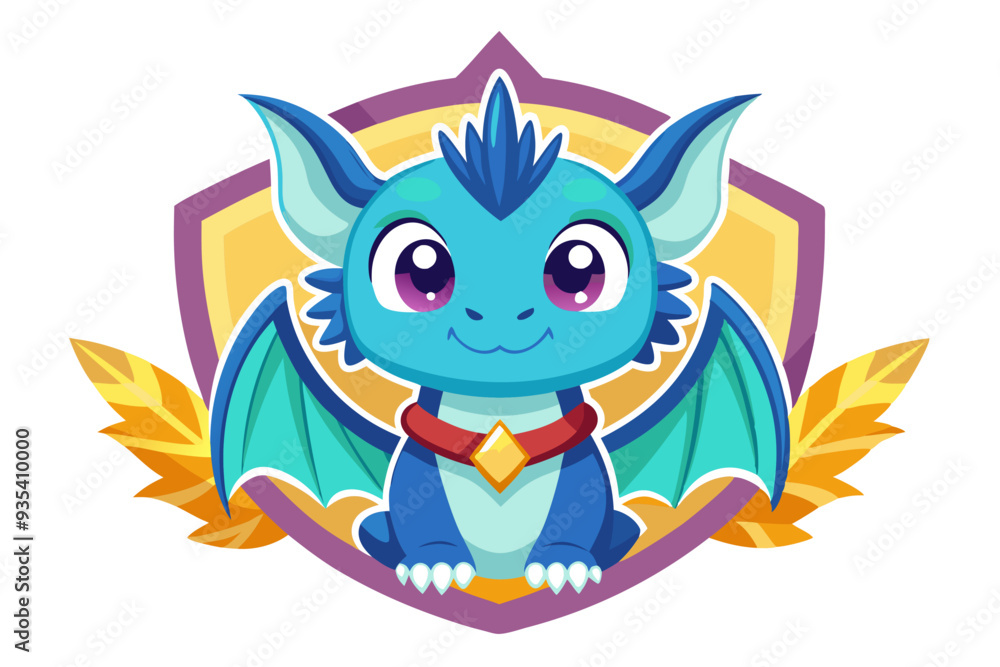 Cute Blue Dragon with Wings Inside a Shield Cute Blue Dragon with Wings Inside a Shield