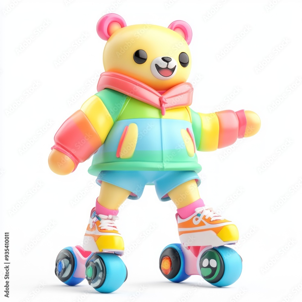 A colorful bear figure on roller skates, dressed in vibrant attire, exuding a playful vibe. A colorful bear figure on roller skates, dressed in vibrant attire, exuding a playful vibe.