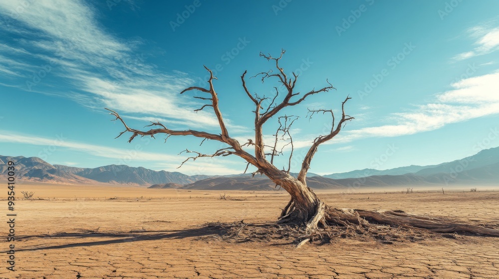 A lonely tree stands in a dry, cracked earth under a vibrant sky. Drought in the desert A lonely tree stands in a dry, cracked earth under a vibrant sky. Drought in the desert