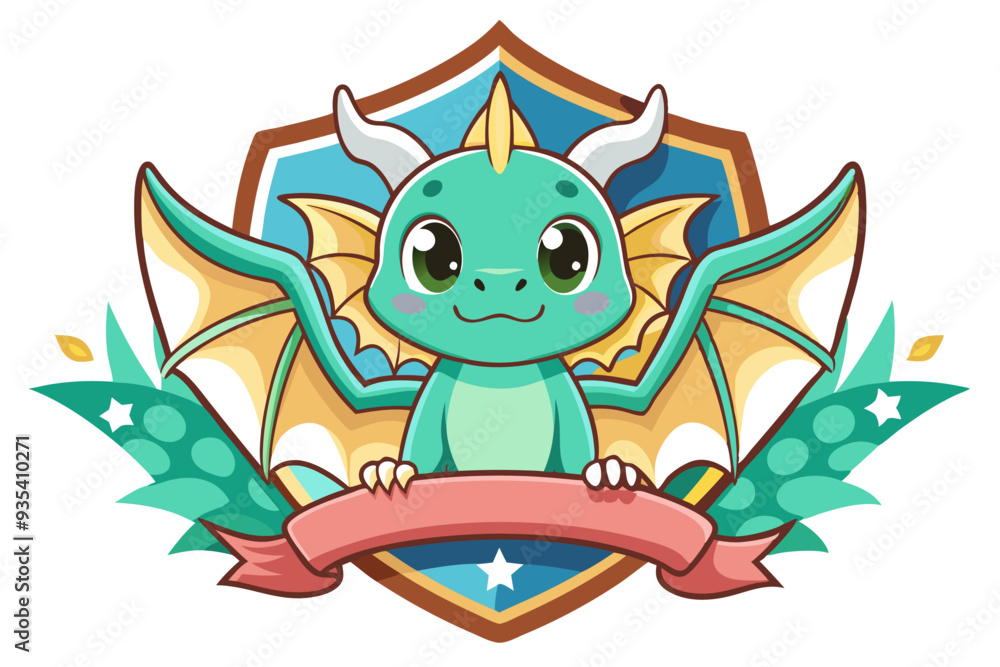 Obraz premium Cute Green Dragon Mascot with Wings and Banner