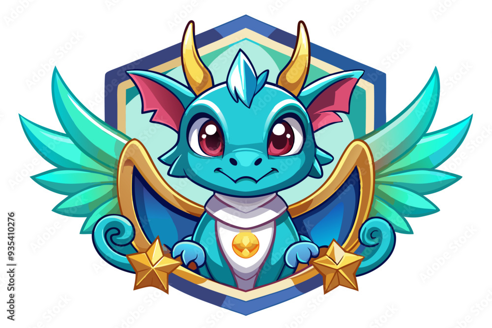 Fototapeta premium Cartoon Blue Dragon With Wings And Golden Stars