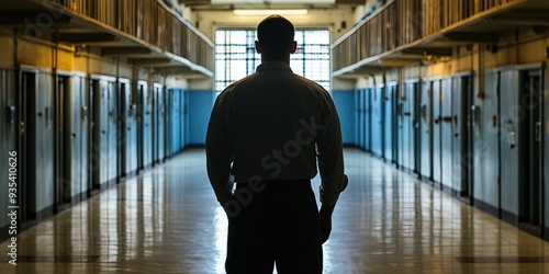 Prison warden standing in hallway filled with cells during lockdown