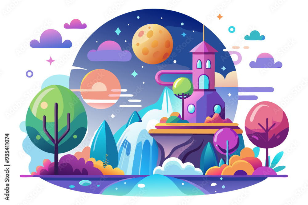 Fototapeta premium Fantasy Landscape with Castle, Waterfall, and Moon