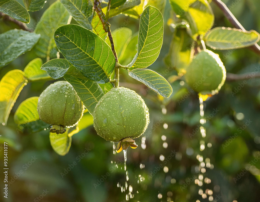 Obraz premium water dropping Guavas with Tree branches. ai generated