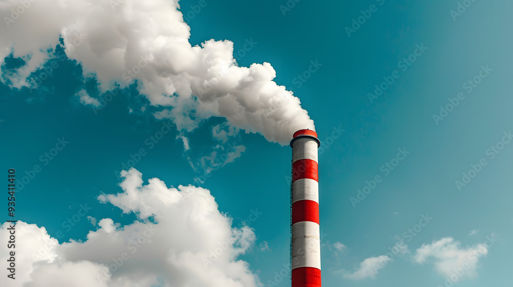 A red and white smokestack releases thick smoke into the sky, highlighting industrial pollution and environmental concerns A red and white smokestack releases thick smoke into the sky, highlighting industrial pollution and environmental concerns