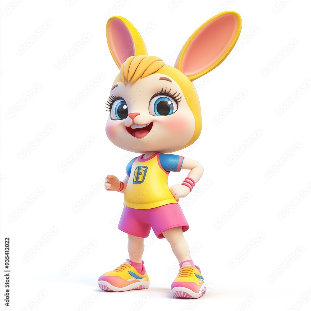 A cheerful cartoon rabbit character in sports attire, ready for action. A cheerful cartoon rabbit character in sports attire, ready for action.