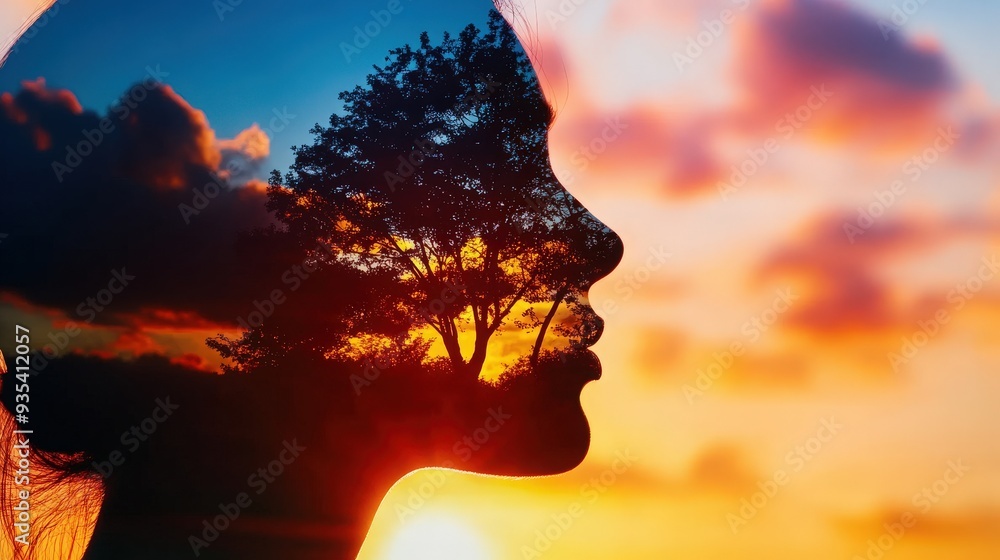 A serene silhouette with a nature overlay, capturing the beauty of landscapes against a vibrant sunset backdrop. A serene silhouette with a nature overlay, capturing the beauty of landscapes against a vibrant sunset backdrop.