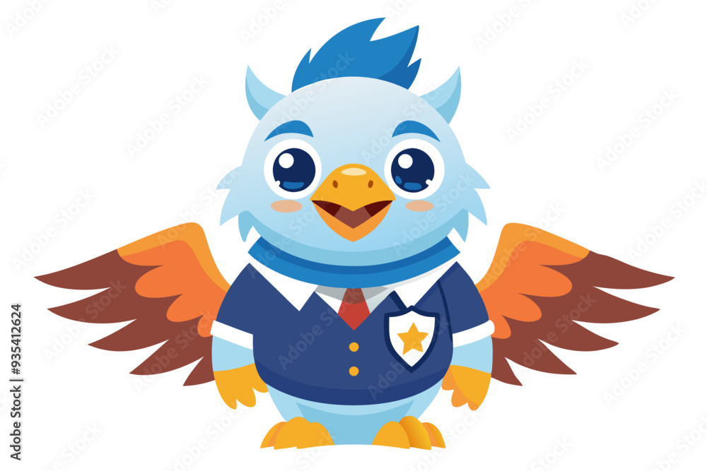 Cartoon bird character with blue wings and a police uniform Cartoon bird character with blue wings and a police uniform