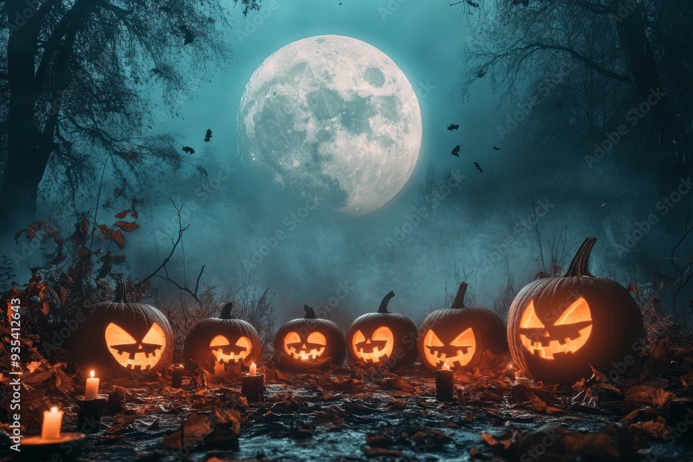 Spooky Halloween night with glowing jack-o'-lanterns under a full moon Spooky Halloween night with glowing jack-o'-lanterns under a full moon