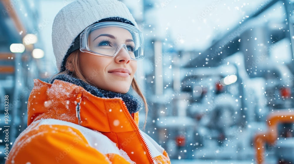 A woman in an orange safety jacket smiles while observing snowy industrial surroundings. She embodies confidence and dedication. A woman in an orange safety jacket smiles while observing snowy industrial surroundings. She embodies confidence and dedication.