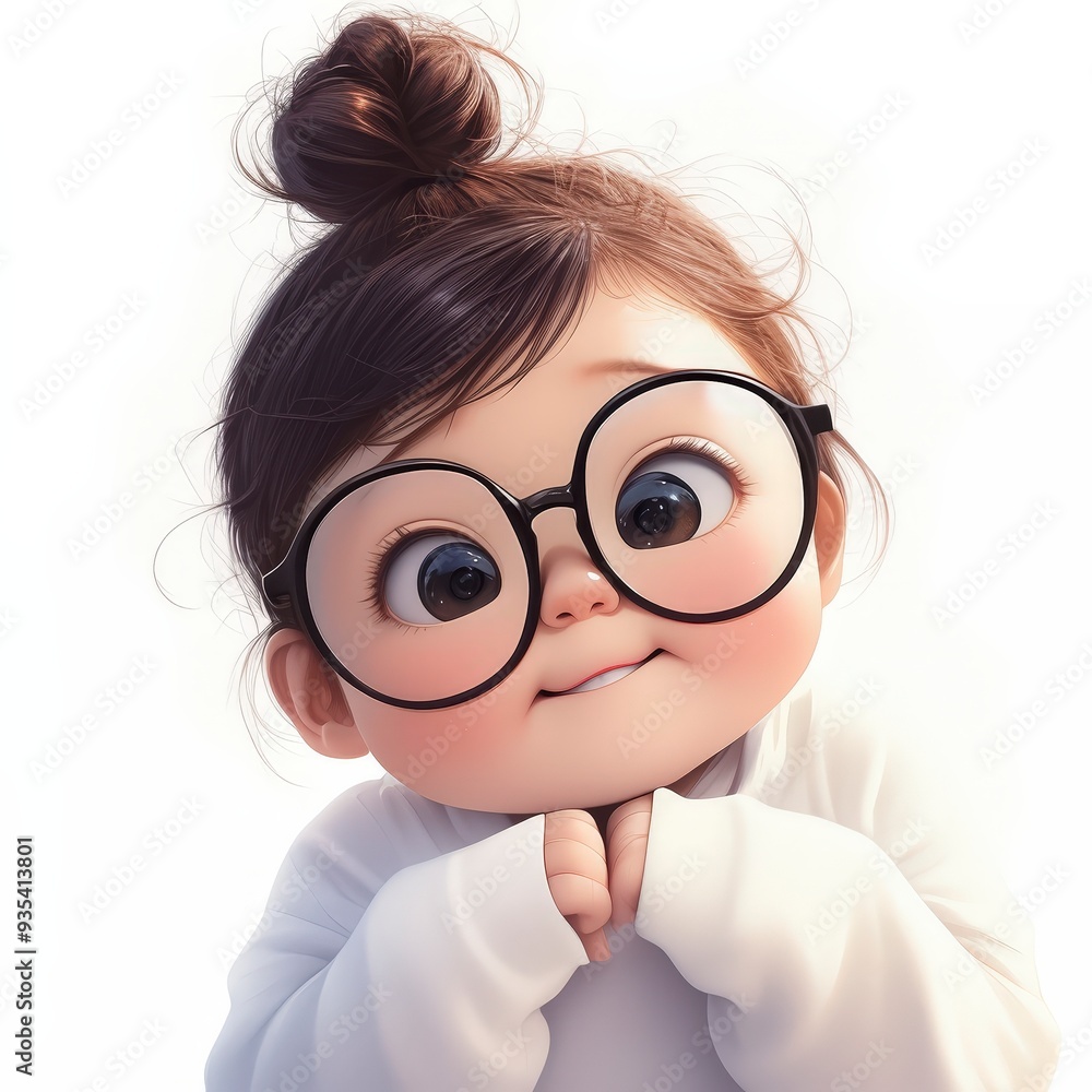 A cute cartoon girl with big brown eyes, wearing round glasses and a white sweater, looks up with a sweet smile. A cute cartoon girl with big brown eyes, wearing round glasses and a white sweater, looks up with a sweet smile.