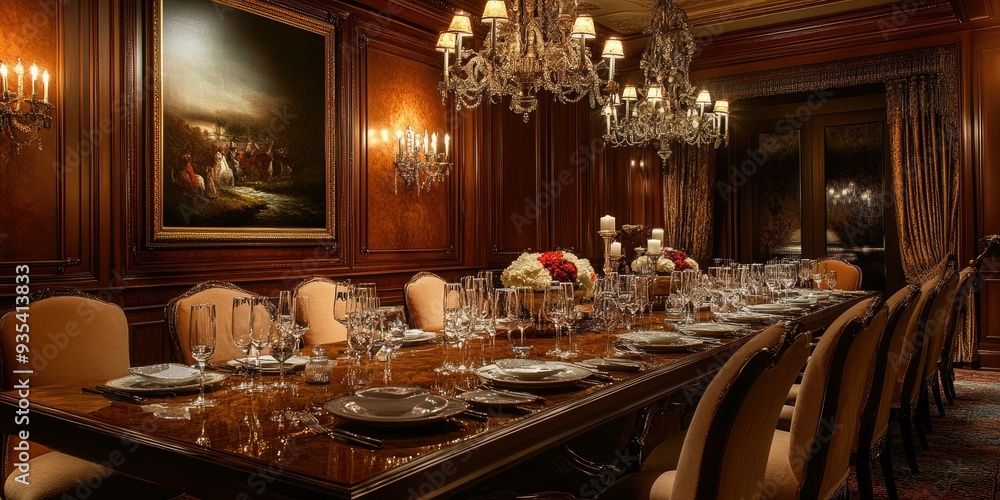 A lavishly decorated dining room with a long table. A lavishly decorated dining room with a long table.