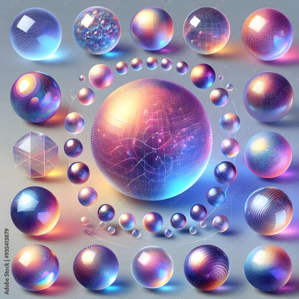 Collection of floating orbs in 3D space, featuring holo textures ...
