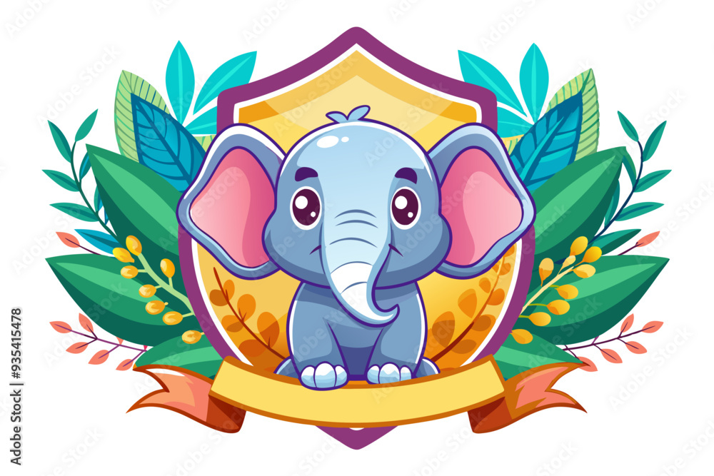 Fototapeta premium Cute Cartoon Elephant with Floral Frame and Blank Banner
