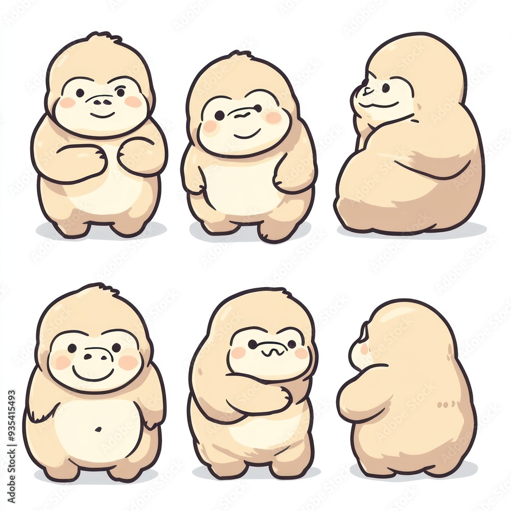 Cute cartoon characters resembling chubby creatures in various playful poses. Cute cartoon characters resembling chubby creatures in various playful poses.