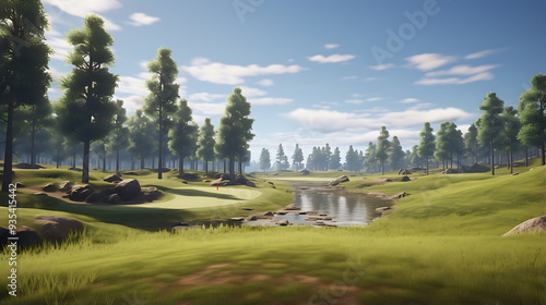 a golf course is shown through some trees, generative ai