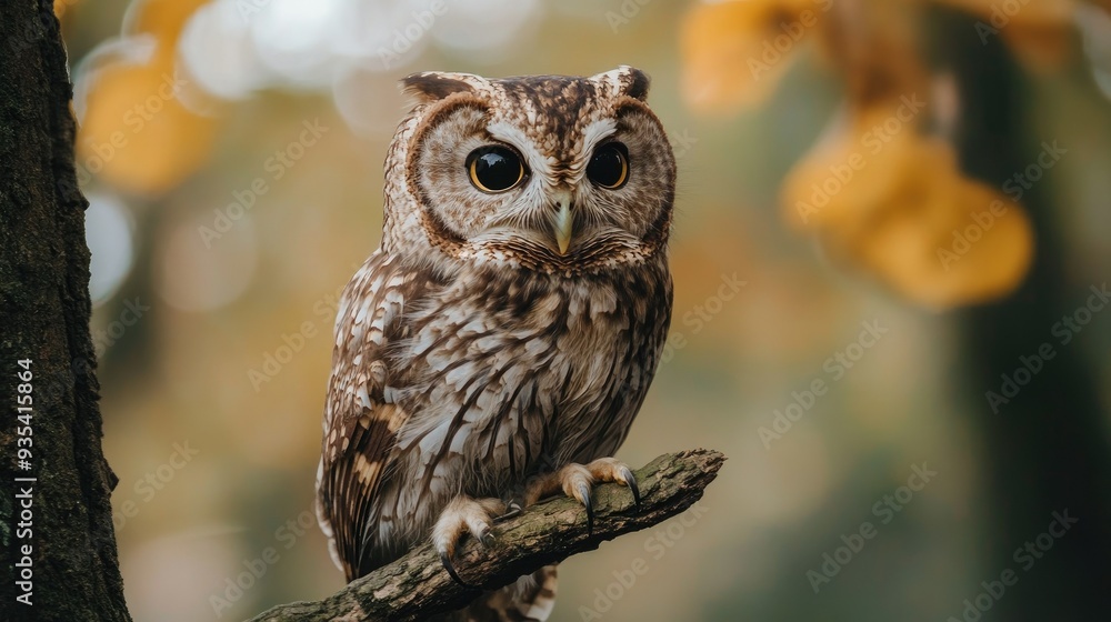 Owl with intricate brown and white feathers perched on a tree branch, against a blurred background, perfect for nature-inspired designs with copy space Owl with intricate brown and white feathers perched on a tree branch, against a blurred background, perfect for nature-inspired designs with copy space