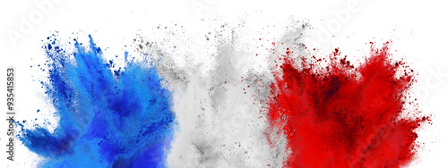 Obraz na płótnie colorful flag of france with blue white and red color holi paint powder explosion isolated on white background. french tricolore national europe travel and tourism concept. w salonie