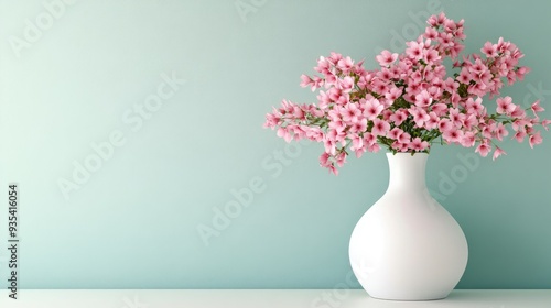 Pink flowers in a white vase on a table, set against pastel green walls, creating a soft and elegant scene with ample copy space