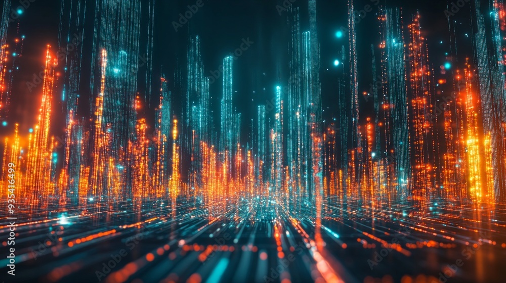 A stunning visual of digital data streams in vibrant colors. This artwork showcases a futuristic cityscape with orange and blue glowing lines. Perfect for tech and digital themes. AI. A stunning visual of digital data streams in vibrant colors. This artwork showcases a futuristic cityscape with orange and blue glowing lines. Perfect for tech and digital themes. AI.