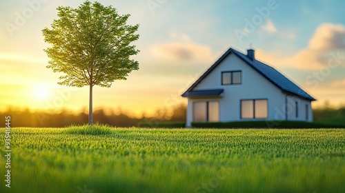 Wallpaper Mural Serene residential house with a green lawn and a single tree, great for promotional content, copy space provided Torontodigital.ca