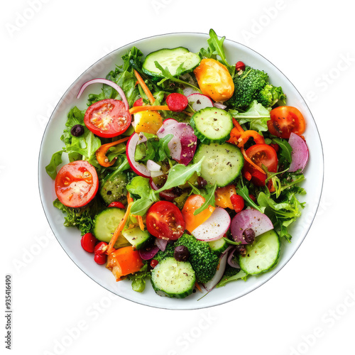 A colorful salad with a variety of vegetables including tomatoes, cucumbers