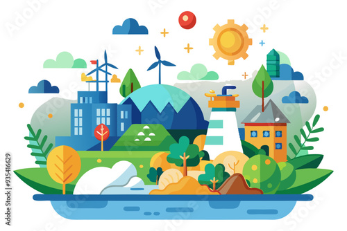 Colorful Illustration of a Cityscape with Green Spaces and a Lighthouse